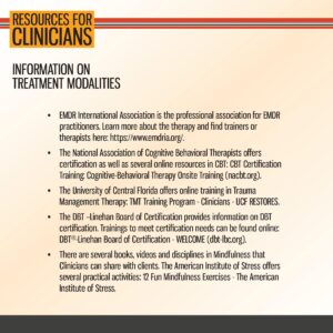 Slide titled "Resources for Clinicians" outlining organizations offering certification and trainings in EMDR, CBT, trauma, DBT, and mindfulness, with website links and course topics listed.