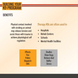 Informational graphic about K9 therapy programs, listing benefits, typical usage locations, and effects such as stress reduction and support for trauma self-regulation.